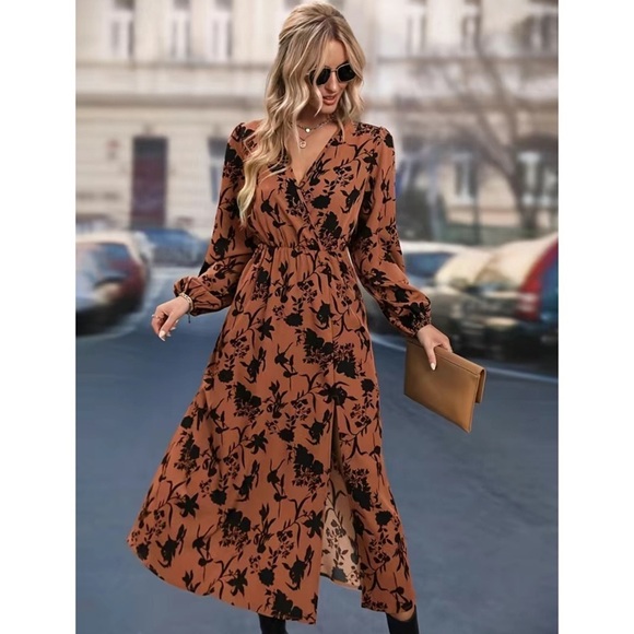 Brown Floral Print Bishop Long Sleeve V Neck High Slit Midi Maxi Dress NWT - Picture 2 of 7